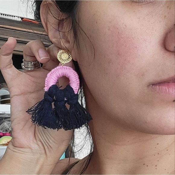 Handmade tassel hoops earrings macrame stainless steel new - Picture 5 of 9